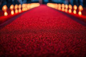 Red carpet at a film festival with a blurred gold lights background. Generated by artificial intelligence photo