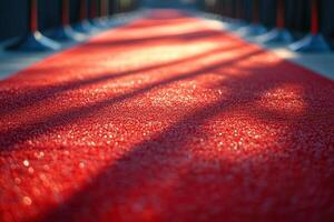 Close-up of the red carpet for celebrities and guests of an expensive event. Wide panoramic rope fence with metal posts. photo