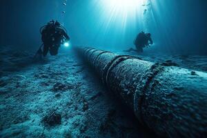 Professional divers with flashlights inspect an oil pipeline lying on the seabed. Underwater pipeline. Generated by artificial intelligence photo