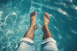 Cropped image of a man sitting by a pool with his legs dangling in the water. View from above. photo