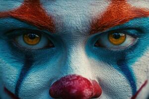 Close-up of a scary clown's face. Macro photo. Circus Day, April Fools' Day, Halloween. Generated by artificial intelligence photo