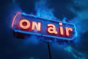 Live radio broadcast concept. Neon inscription on air on a billboard. Generated by artificial intelligence photo