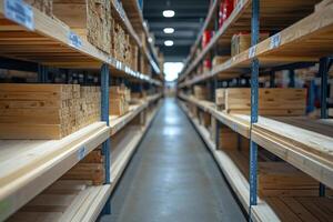Untreated wood for sale on the shelves of a hardware store. Generated by artificial intelligence photo