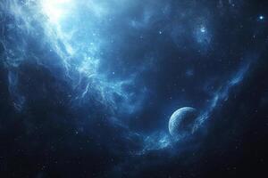 View from space of a lost planet among a nebula in dark space. The concept of a planet and its place in the universe. photo