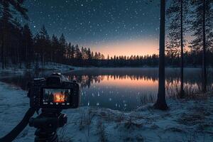 The camera is set up near a forest lake on a clear starry night. Generated by artificial intelligence photo
