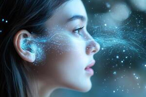 Concept of sound and hearing. Sound in the form of glowing neon particles enters the ear of a woman. Study of sound flows and human hearing. photo