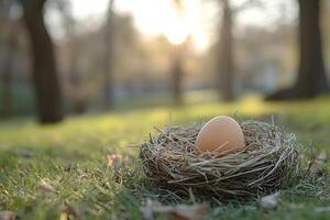 Chicken egg in a nest. The nest with the egg lies on the grass in the park. Generated by artificial intelligence photo