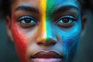 Portrait of a young African American woman with her face painted with different colors. Generated by artificial intelligence photo