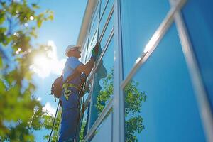 A professional cleaner in overalls and a helmet washes windows and shop windows at a height using special equipment. Generated by artificial intelligence photo
