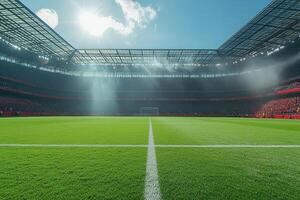 An empty football stadium before the game. Perfect grass surface with markings. Generated by artificial intelligence photo