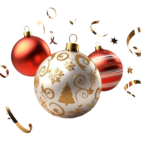 Set of Christmas Baubles in Red and White with Gold Patterns and Ribbons on png