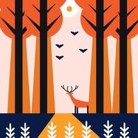 A beautiful forest with tall trees and birds flying in the sky, a deer standing on the grass vector