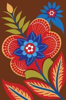 Close-up of batik cloth with Indonesian pattern, featuring red and blue flowers on a brown background. vector