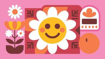 flat design smiley face flower illustration. A cartoonish drawing of a flower with a smiling face vector