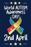 A colorful ribbon made of puzzle pieces symbolizing diversity, with the text World Autism Awareness Day 2nd April in white letters at center on dark blue background. vector