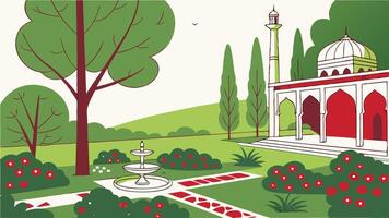 A mughal building with flowers. Traditional mughal garden background vector