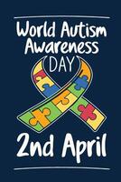A colorful ribbon made of puzzle pieces symbolizing diversity, with the text World Autism Awareness Day 2nd April in white letters vector