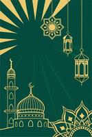 Ramadan Kareem Concept Background, surrounded by Islamic patterns and lanterns hanging from the top of it. vector