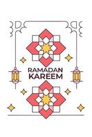Ramadan Kareem is a beautiful and colorful poster with two lanterns hanging from the top. The poster is perfect for celebrating Ramadan vector