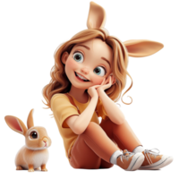 Cute Girl with Bunny Ears and Adorable Rabbit for Easter and Fairytale png