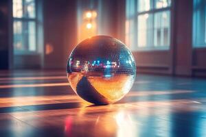 Mirrored silver disco ball on the floor in an empty dance studio in natural evening light. Generated by artificial intelligence photo