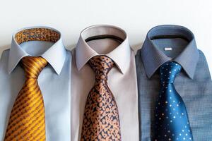 New men's shirts and ties lie in a row on a white background. Generated by artificial intelligence photo