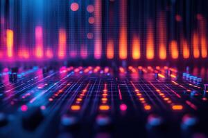 Analog and digital audio signal, music equalizer. Blurred sound background. Generated by artificial intelligence photo