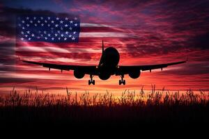 Silhouette of a passenger jet flying low over a field with the US flag visible in the sky at sunset. Generated by artificial intelligence photo