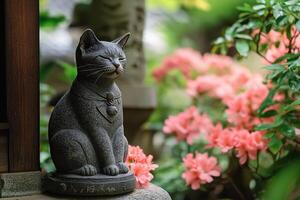 Bronze sculpture of a cat sitting on the porch of a house in the garden in spring. Generated by artificial intelligence photo