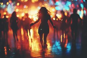 Blurred party background. Silhouette of woman dancing on street against bokeh lights. photo
