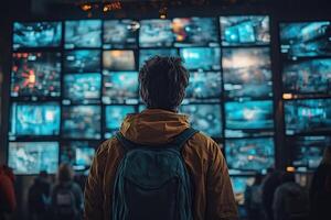 Rear view of a young man looking at an animated content stream. Visualization of browsing a big data metaverse with viral videos, social media profiles photo