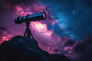 An astronomical telescope for observing stars, planets, the Moon, and celestial objects is installed on a rock on a starry night. Generated by artificial intelligence photo