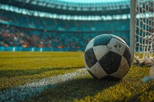 A soccer ball lies on the grass next to the goal before the start of a game at the stadium. Generated by artificial intelligence photo