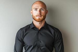 Young bald businessman with red beard in black shirt posing on white background. Generated by artificial intelligence photo
