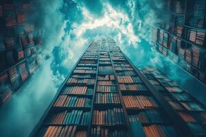 A bookshelf filled with books rests against a gloomy cloudy sky. Fantastic image of the library. photo