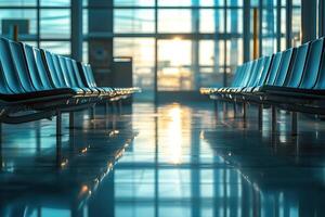 Empty waiting room with rows of empty seats at the airport. Air travel concept. Generated by artificial intelligence photo