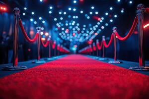 Red carpet at a film festival with a blurred blue lights background. Wide panoramic rope fence. Generated by artificial intelligence photo
