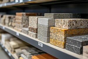 Samples of marble finishing materials lie on the shelves of a hardware store. Generated by artificial intelligence photo
