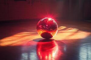 Mirror disco ball in bright spotlight on the floor of an empty dance studio. Generated by artificial intelligence photo