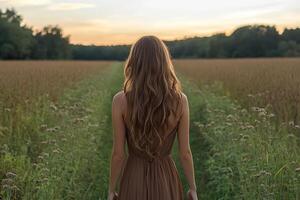 A girl with long hair and a dress walks along a path in a field in the evening. View from behind. Generated by artificial intelligence photo