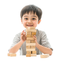 Young Boy Playing with Wooden Jenga Blocks png