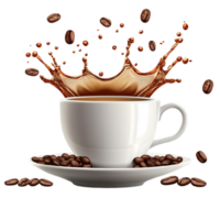White Ceramic Coffee Cup with Dynamic Coffee Splash and Floating Beans png