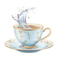 Elegant Vintage Teacup with Saucer and Splashed Water png