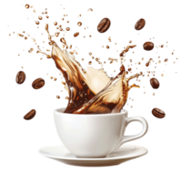 A White Coffee Cup with Dynamic Coffee Splash and Roasted Coffee Beans png