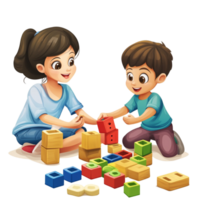 Happy Children Playing with Colorful Building Blocks Educational Activity png
