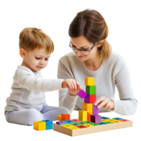 Mother and Child Playing with Colorful Building Blocks Educational Concept png