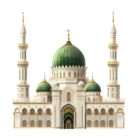 Green dome mosque with tall minarets on Islamic architecture religious building png