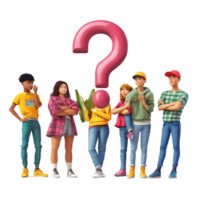 Group of diverse people standing with question mark on teamwork and brainstorming concept png