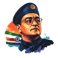 Portrait of Indian freedom fighter Netaji Subhas Chandra Bose with Indian flag on historical figure png