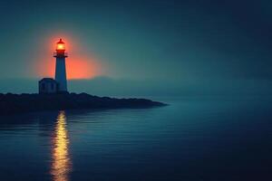 A lighthouse with a lit fire on a quiet, calm night on a rocky seashore. The concept of tranquility of nature and the human soul. Generated by artificial intelligence photo